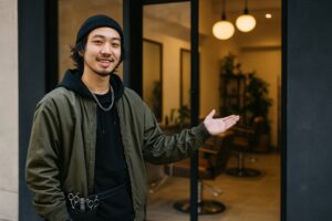 美容師が店を紹介する様子（屋外）