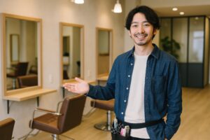 美容師が店内を紹介（デニムシャツ）