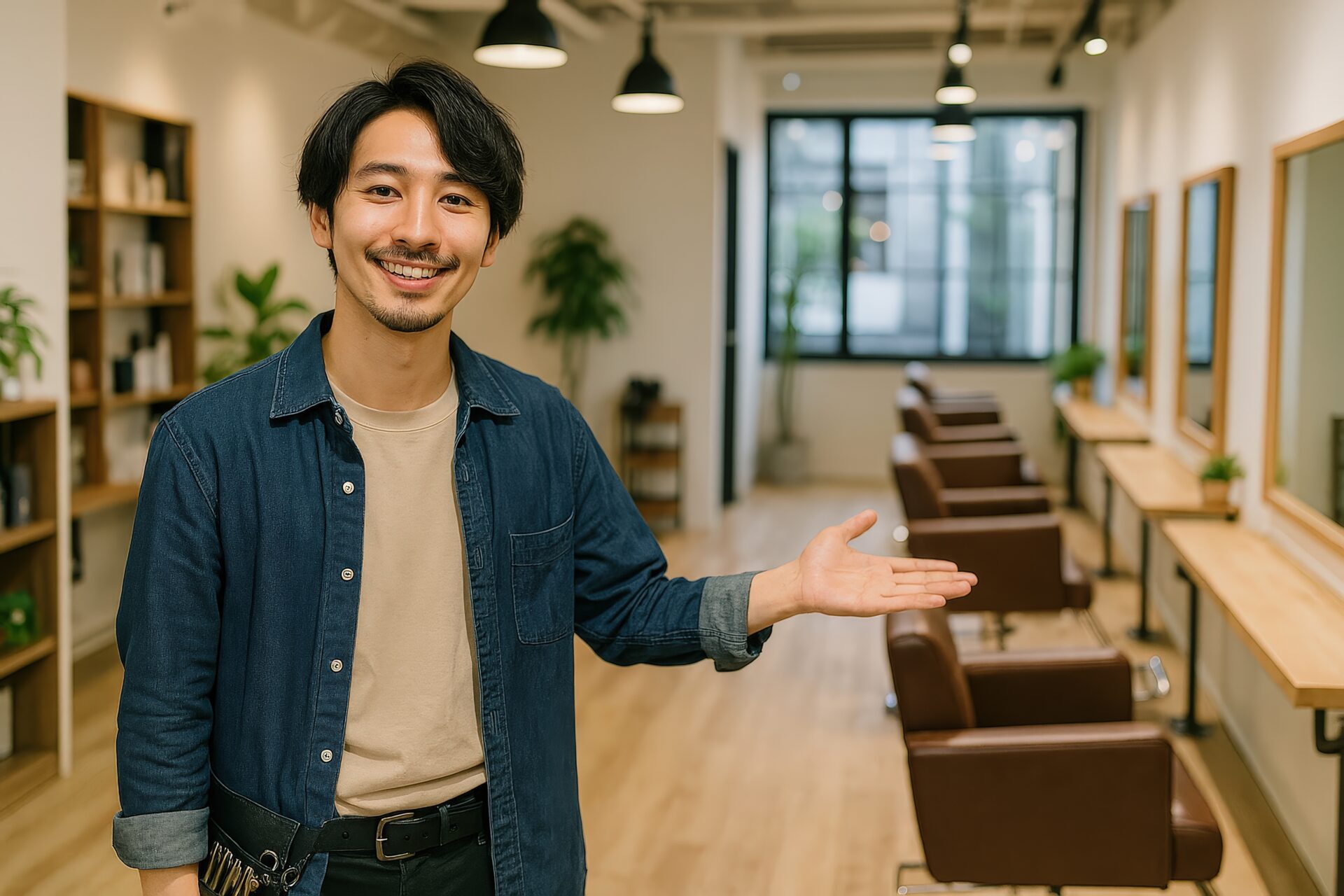 美容師が笑顔で紹介（自然光の店内）