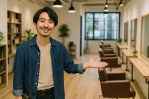 美容師が笑顔で紹介（自然光の店内）