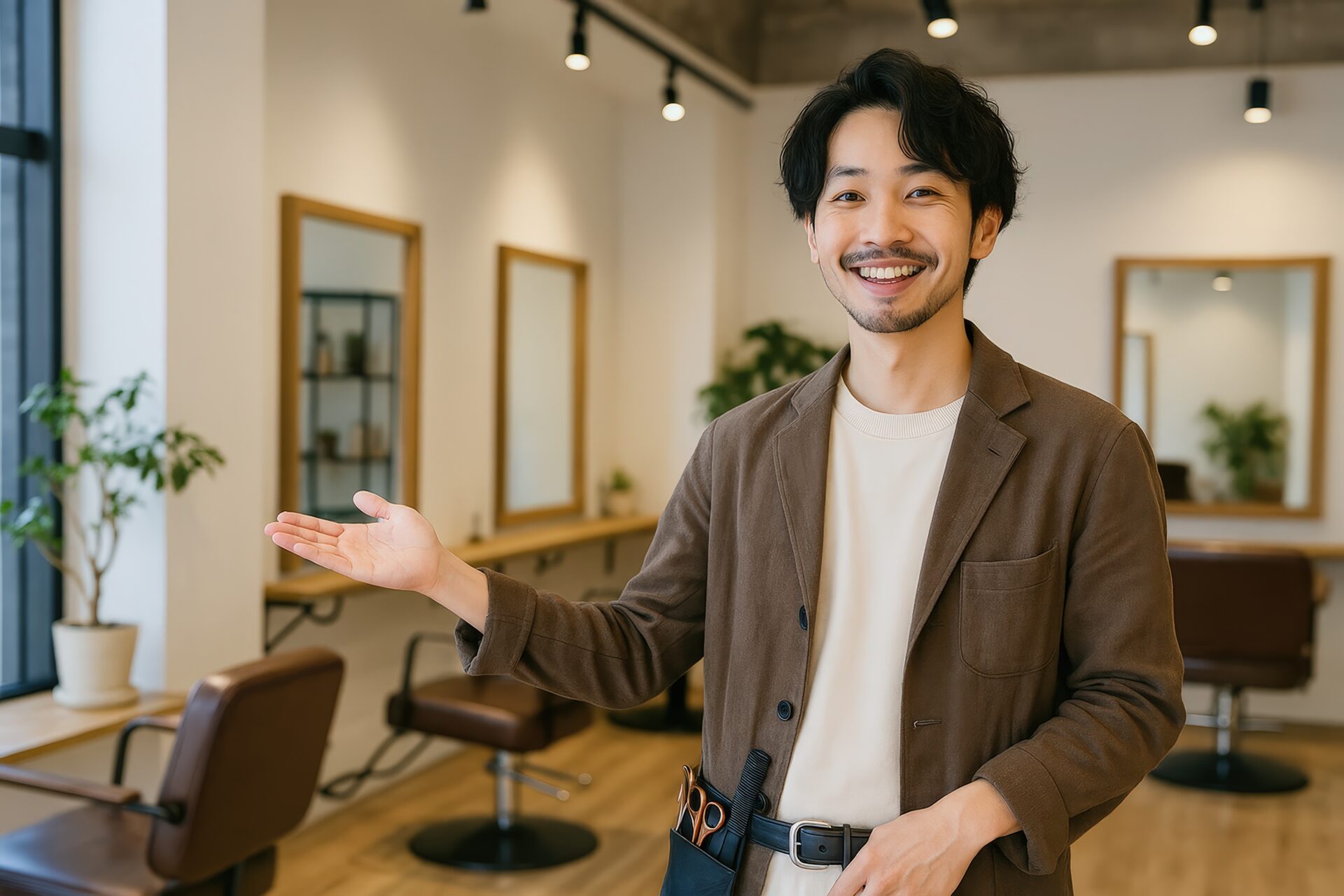 美容師が案内する様子（ジャケット姿）