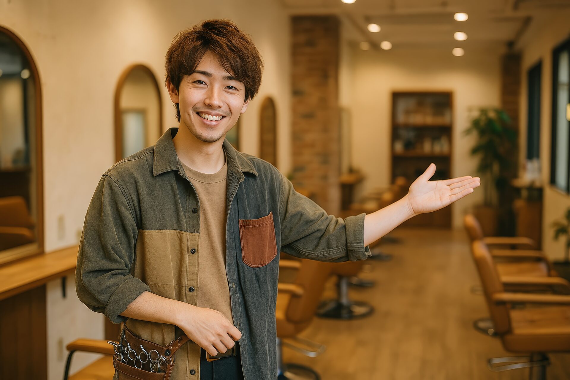 美容師が店内を紹介（ミックスシャツ）
