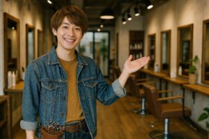 美容師がデニム姿で紹介