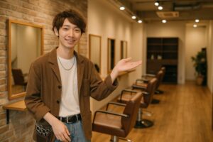 美容師が笑顔で案内（ジャケット）