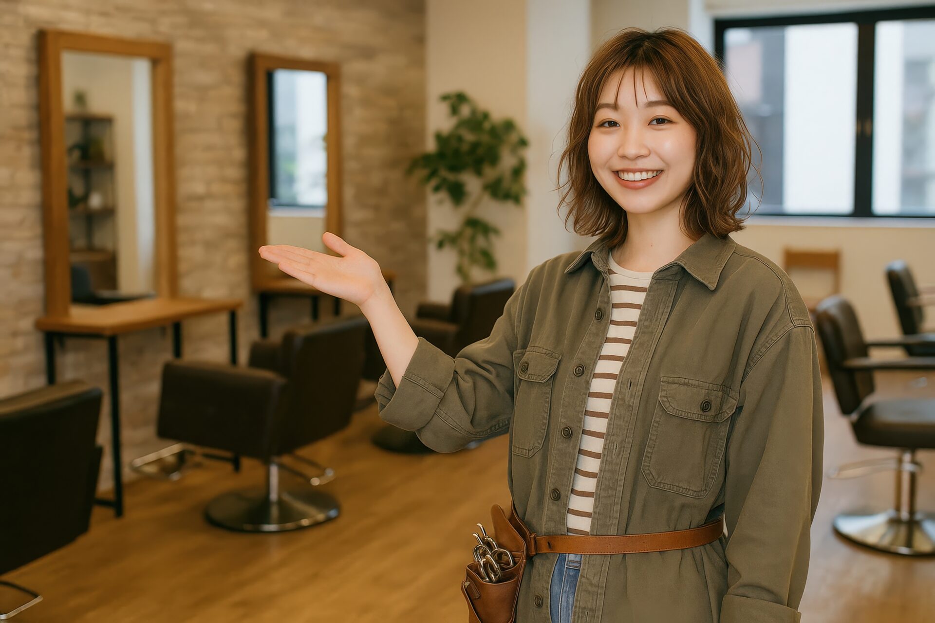 美容師が店内を案内（カーキシャツ）