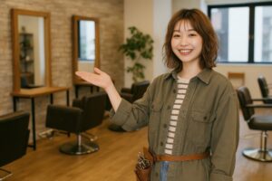 美容師が店内を案内（カーキシャツ）