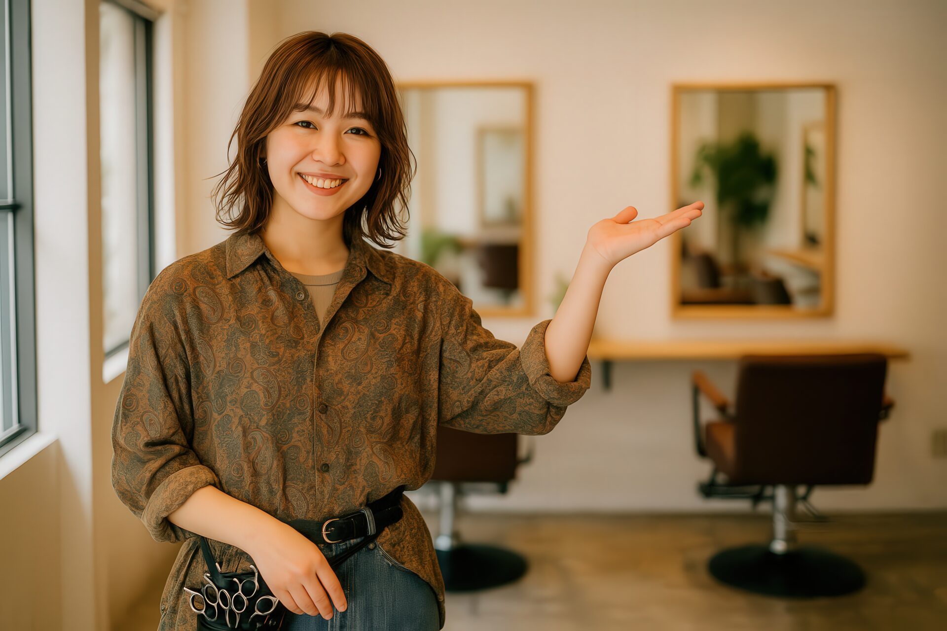 美容師が紹介する様子（柄シャツ）