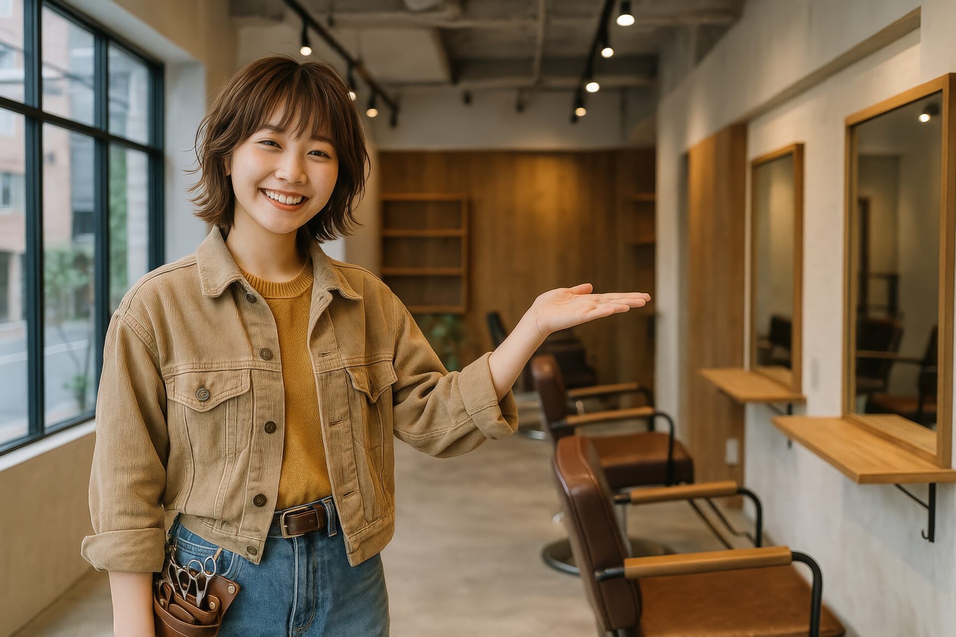 美容師が笑顔で紹介（ベージュジャケット）