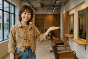 美容師が笑顔で紹介（ベージュジャケット）