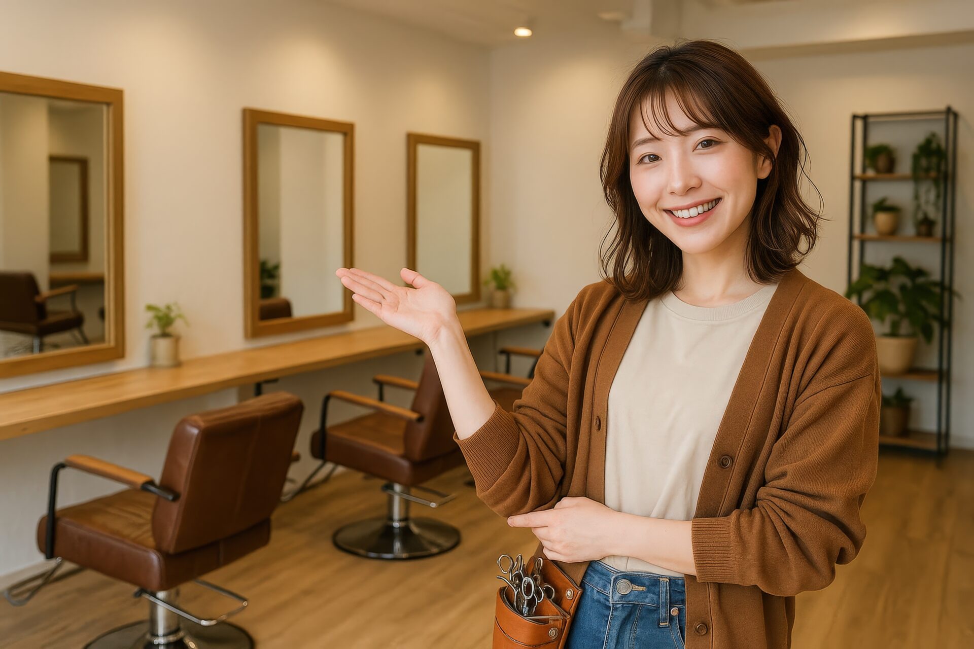 美容師が案内する様子（ブラウンカーディガン）