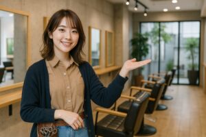 美容師が案内する様子（ネイビーカーディガン）