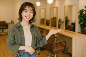 美容師が案内する様子（ライトグリーンシャツ）