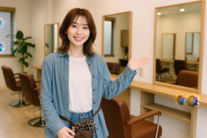 美容師が案内する様子（デニムシャツ）