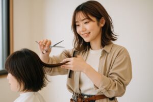 カット中の美容師（ベージュシャツ）