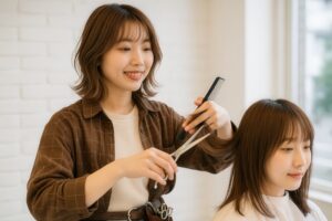 カット中の美容師（チェックシャツ）