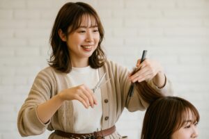 カット中の美容師（ベージュカーディガン）
