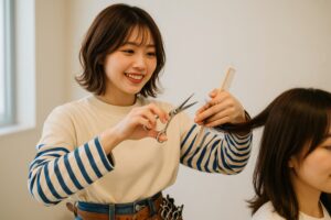 カット中の美容師（ボーダーシャツ）