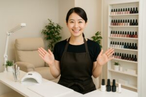 ネイリストが笑顔で案内する様子