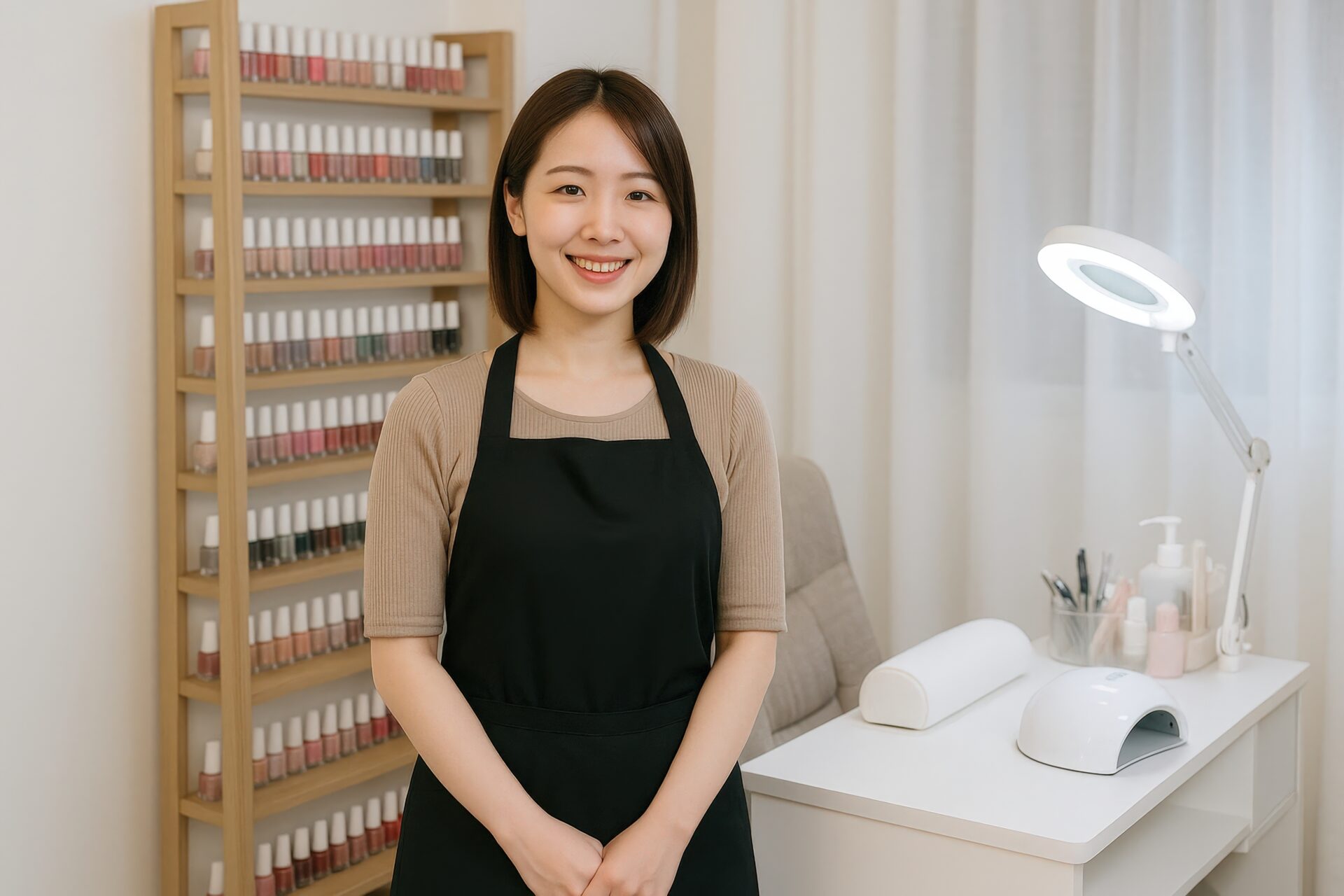 ネイルカラー棚の前に立つネイリスト