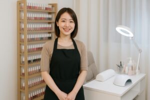 ネイルカラー棚の前に立つネイリスト