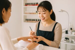 ネイル施術中の様子（微笑むネイリスト）
