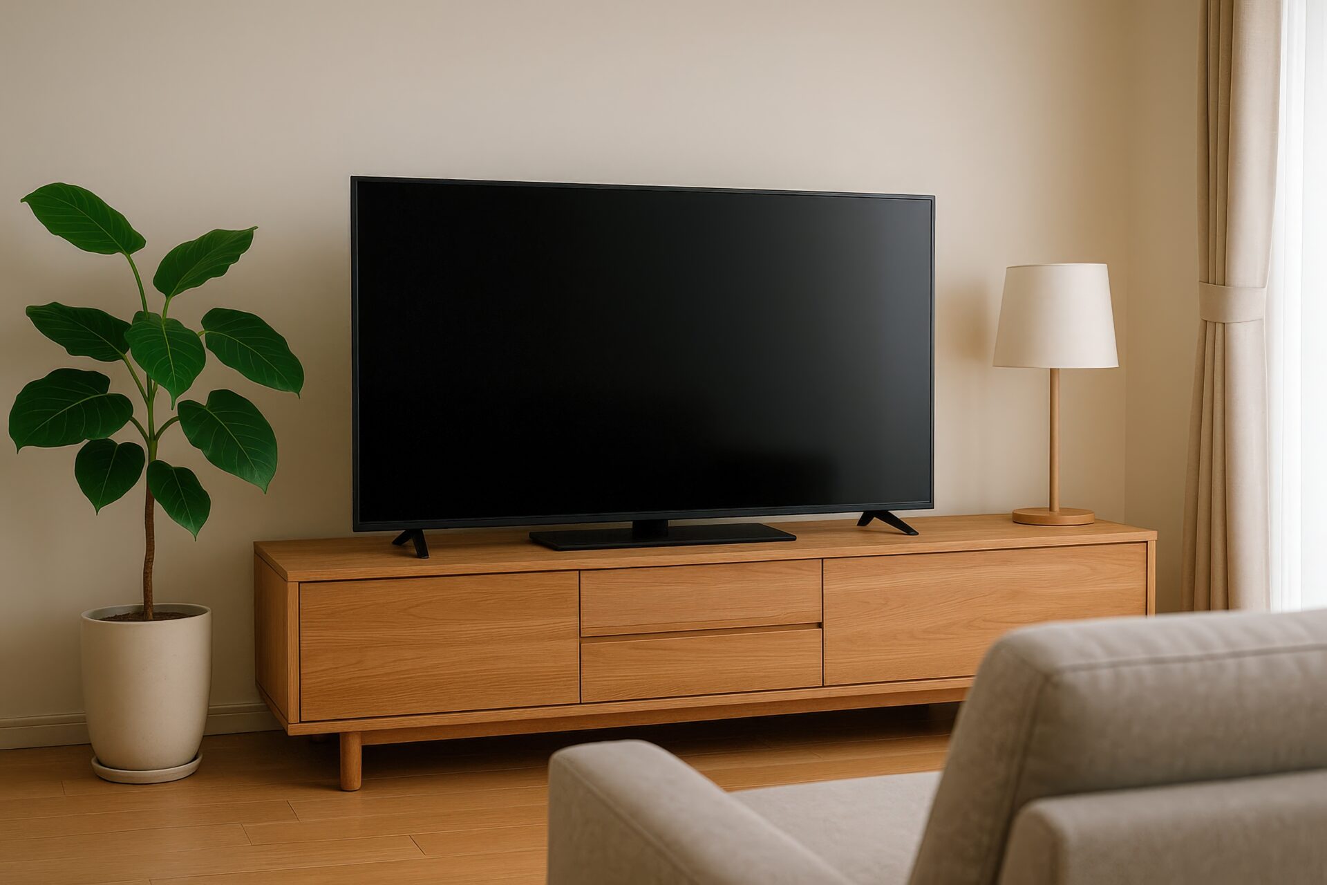 リビングのテレビとフロアランプ