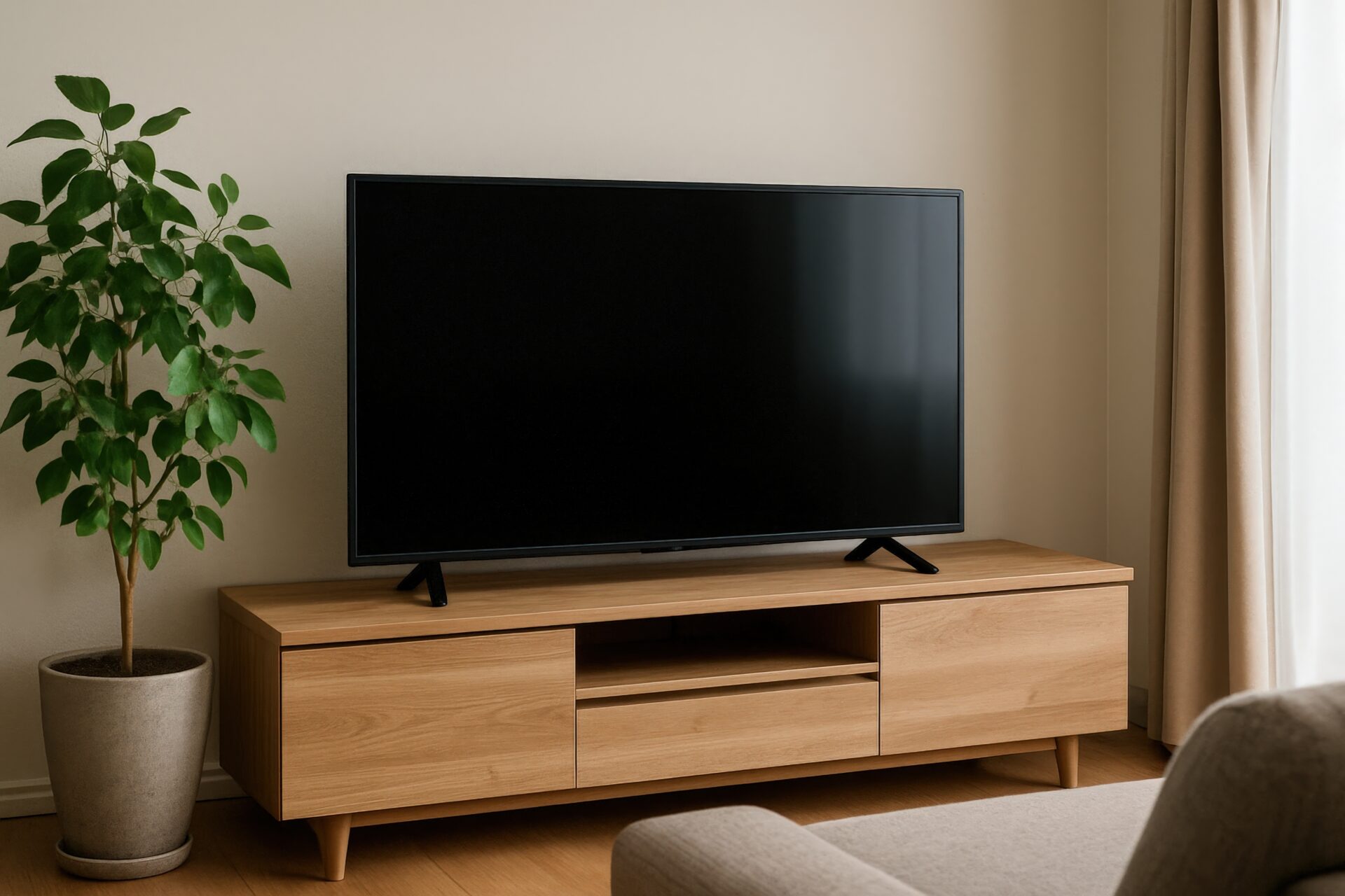 明るい部屋のテレビとソファ