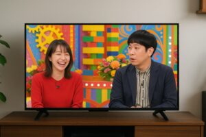 テレビ番組を観る二人（カラフル背景）