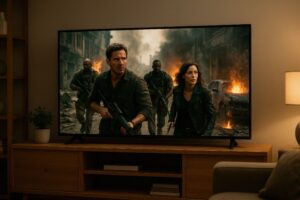 テレビで映るアクションシーン（夜）