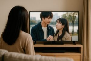 ソファからテレビを観る女性