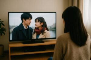 テレビを見つめる女性とラブシーン