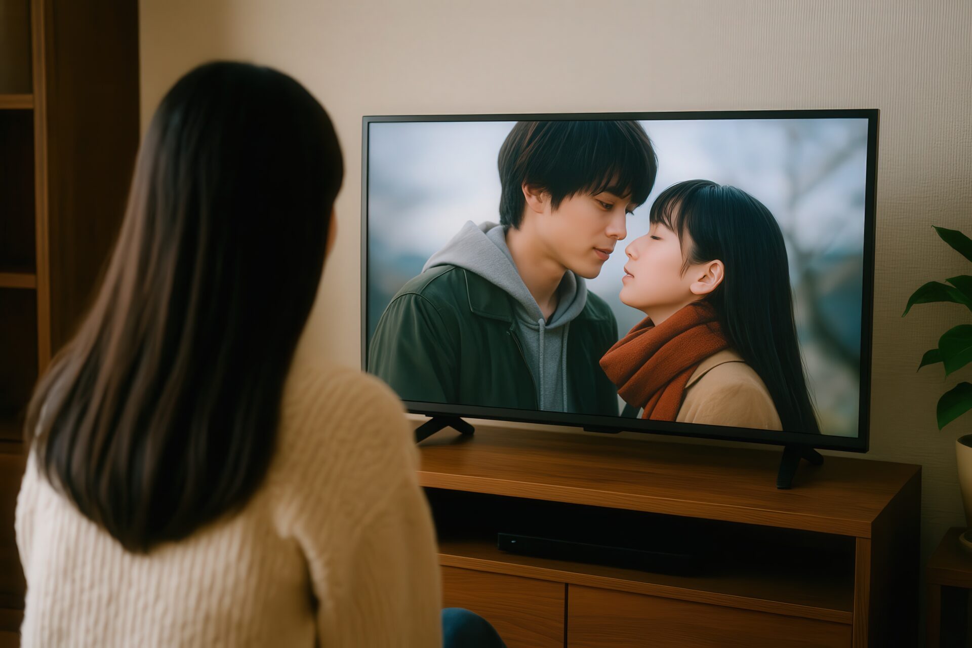 恋愛ドラマを見つめる女性