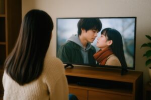 恋愛ドラマを見つめる女性