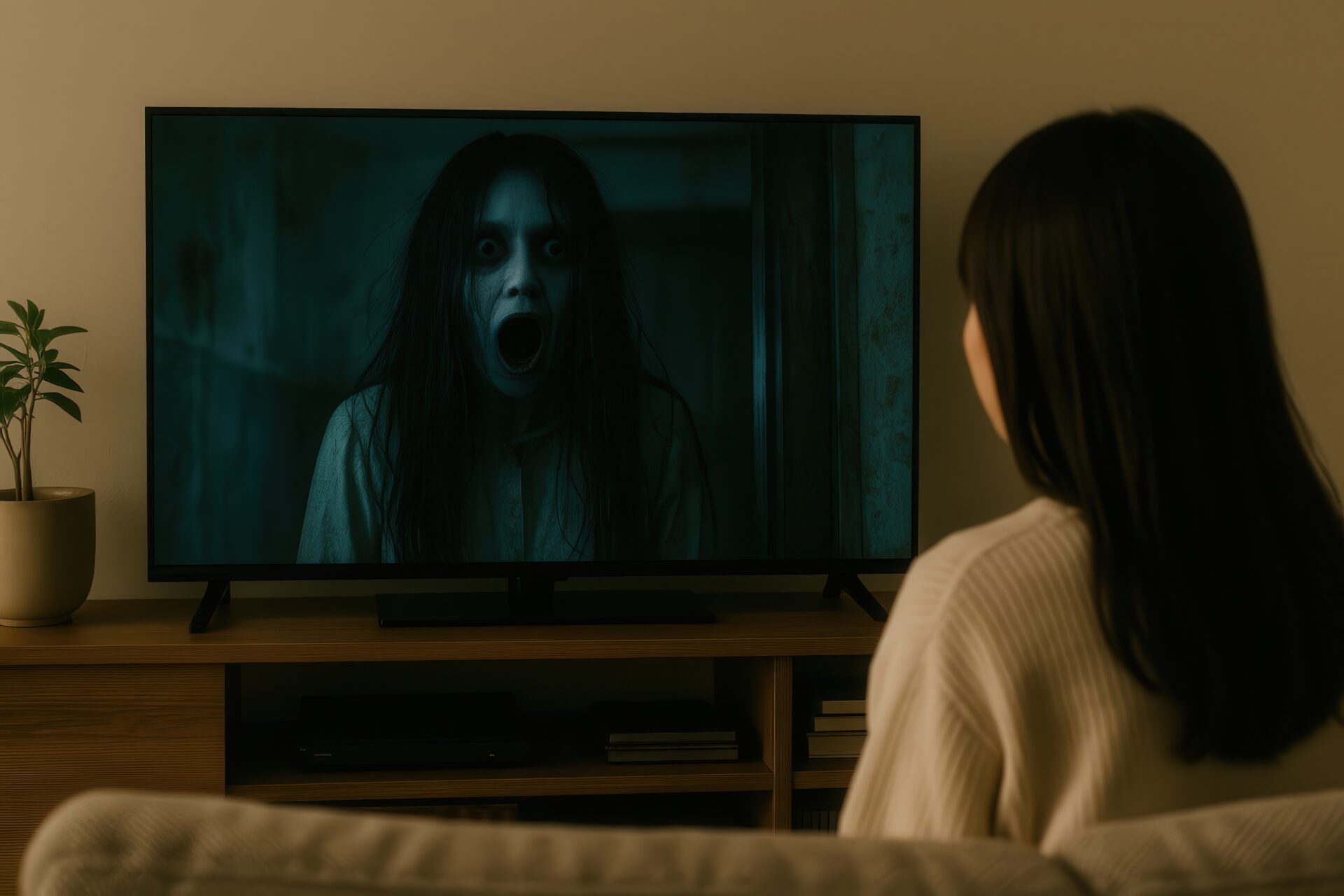 ホラー映画を観る女性（絶叫シーン）