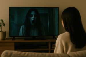 ホラー映画を観る女性（絶叫シーン）