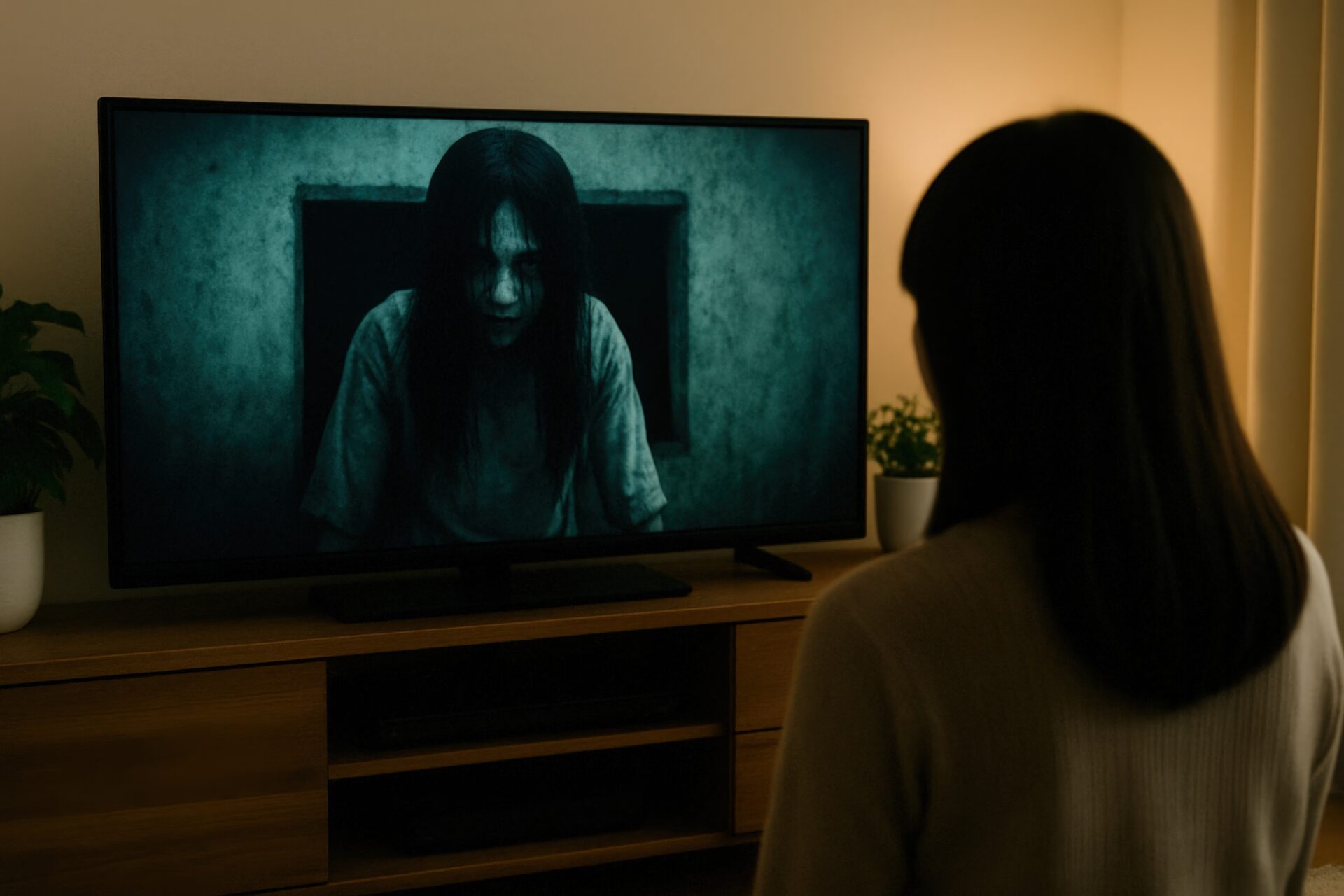 ホラー映画を観る女性（這い寄る幽霊）