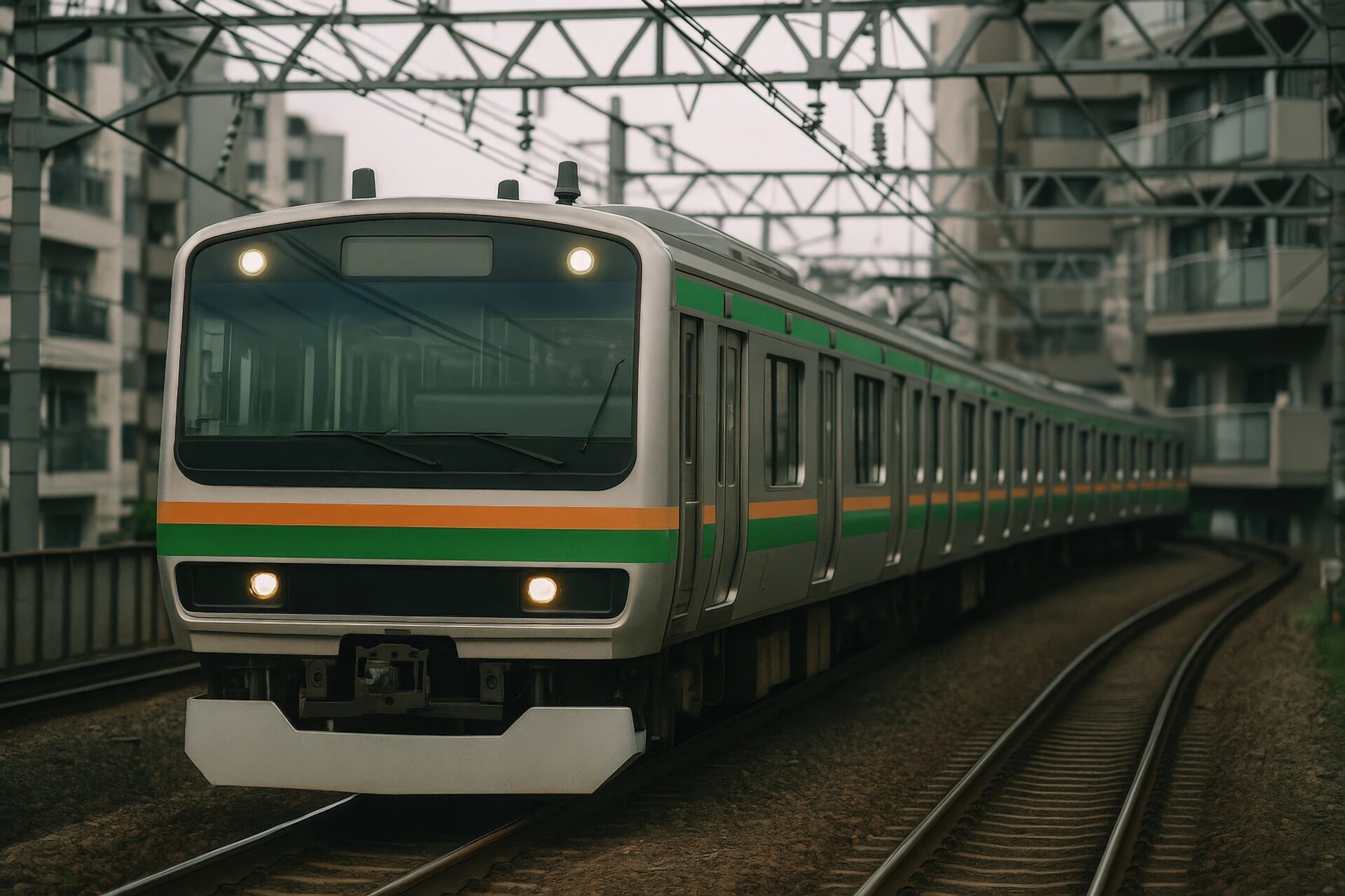 カーブを走る通勤電車