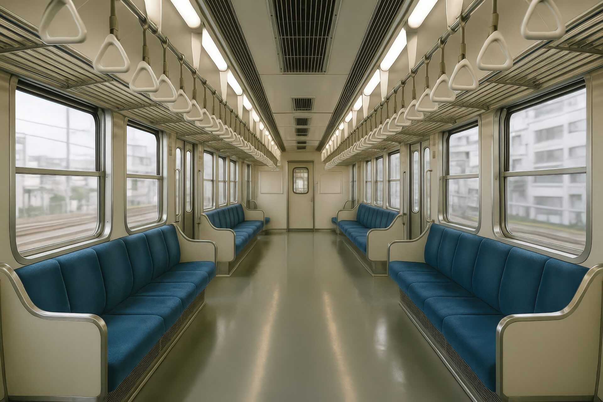 空の通勤電車内（青い座席）