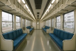 空の通勤電車内（青い座席）