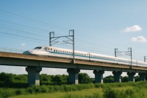 高架を走る新幹線と草原