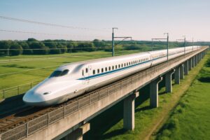 緑の田園を走る新幹線