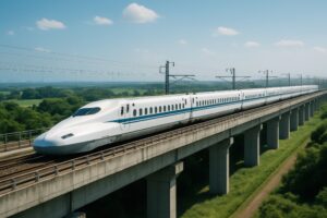 海辺近くの新幹線走行