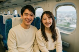 新幹線で旅を楽しむカップル