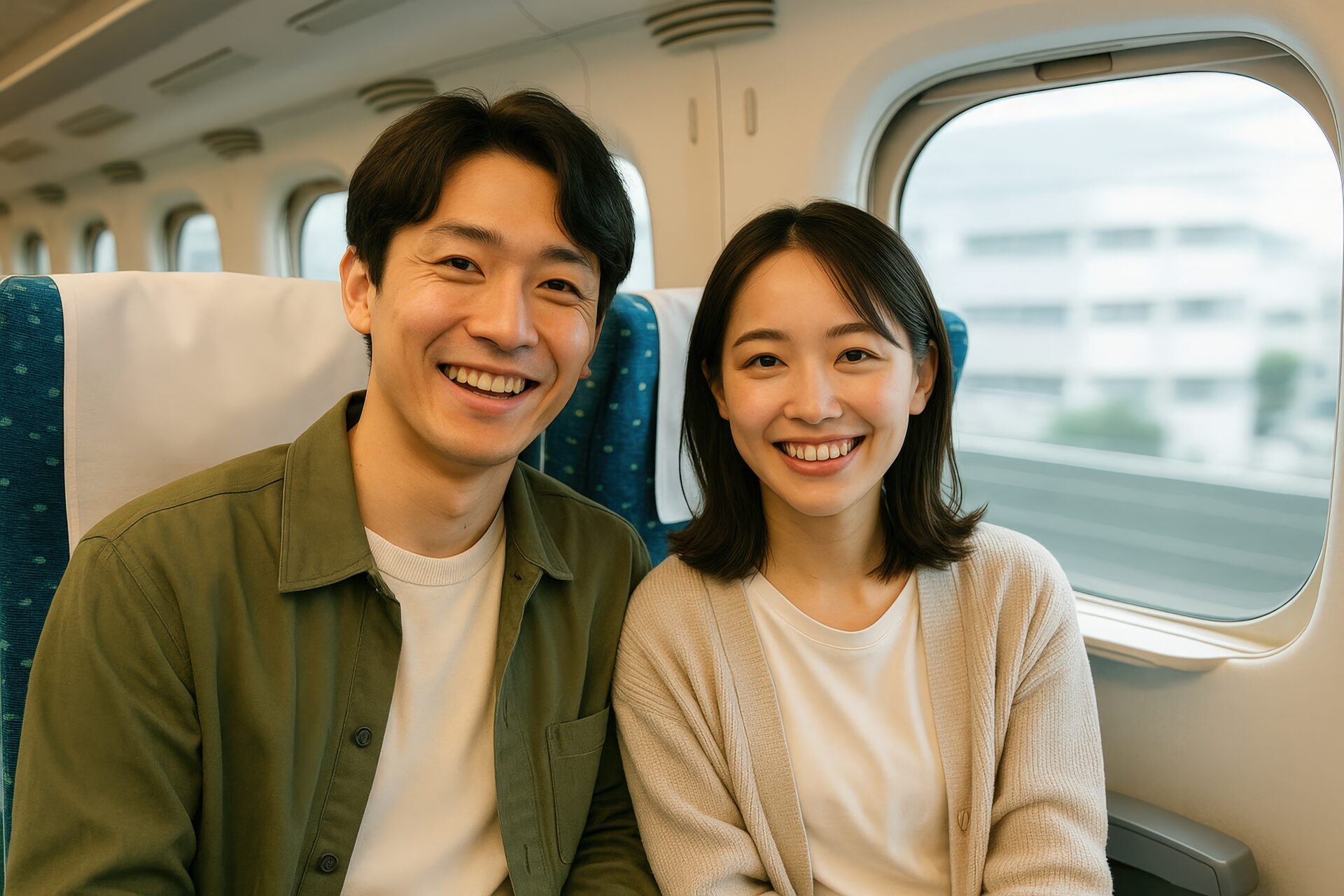 新幹線に乗る若いカップル