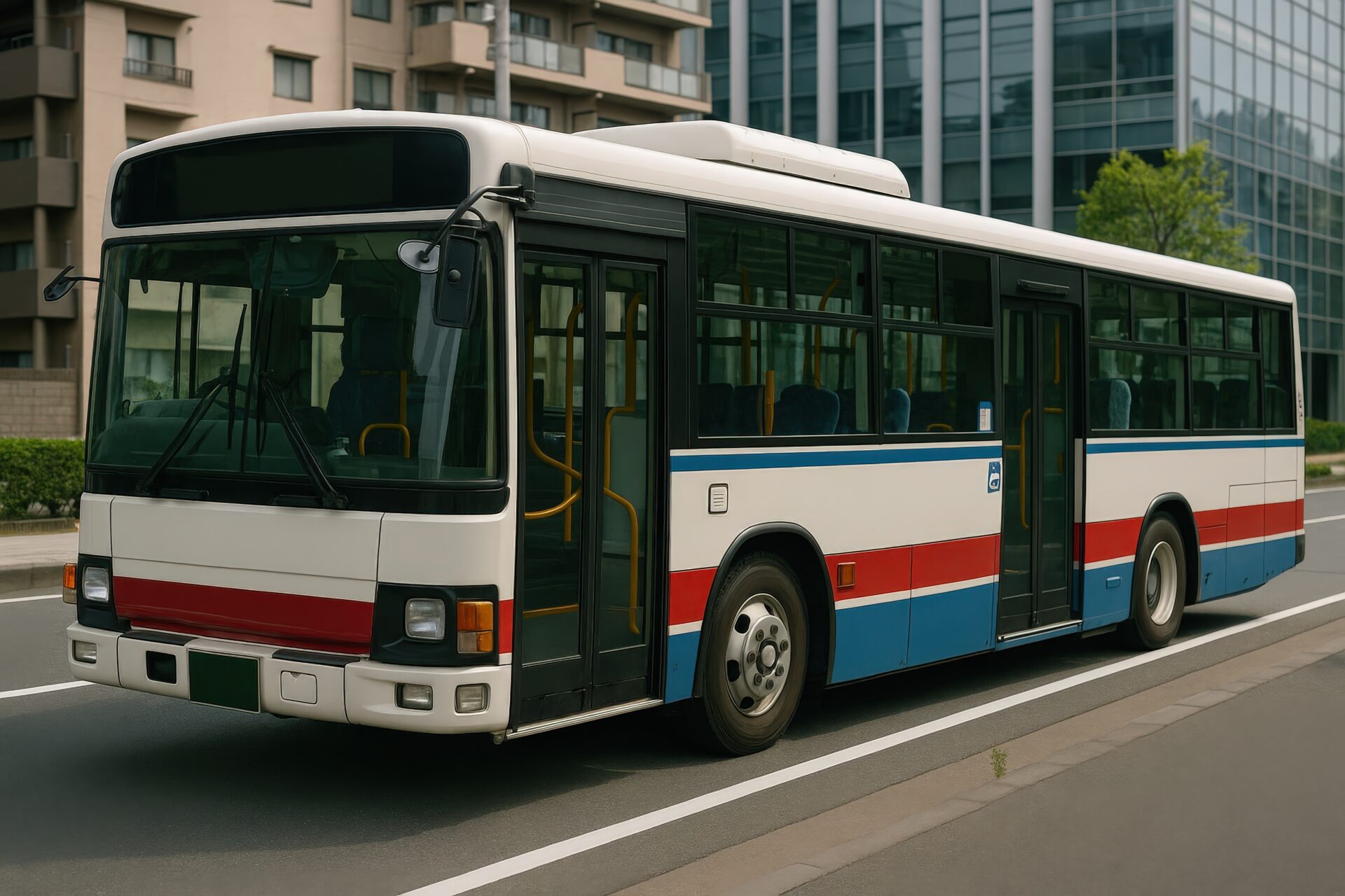 都市を走る赤青ラインの路線バス