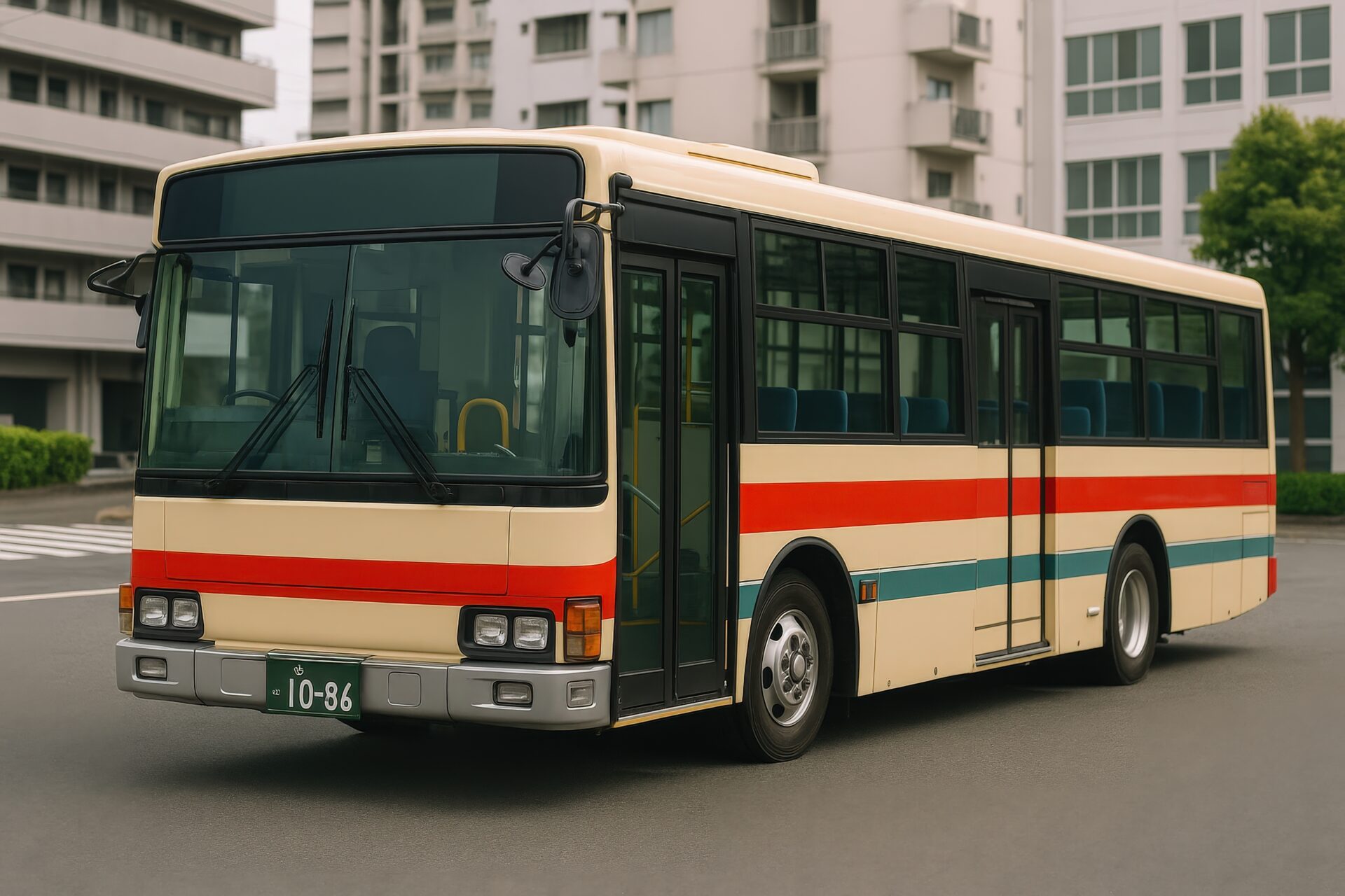 住宅街の赤ライン入りバス