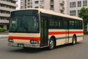 住宅街の赤ライン入りバス