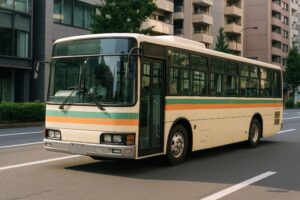 都市を走るクリーム色の路線バス