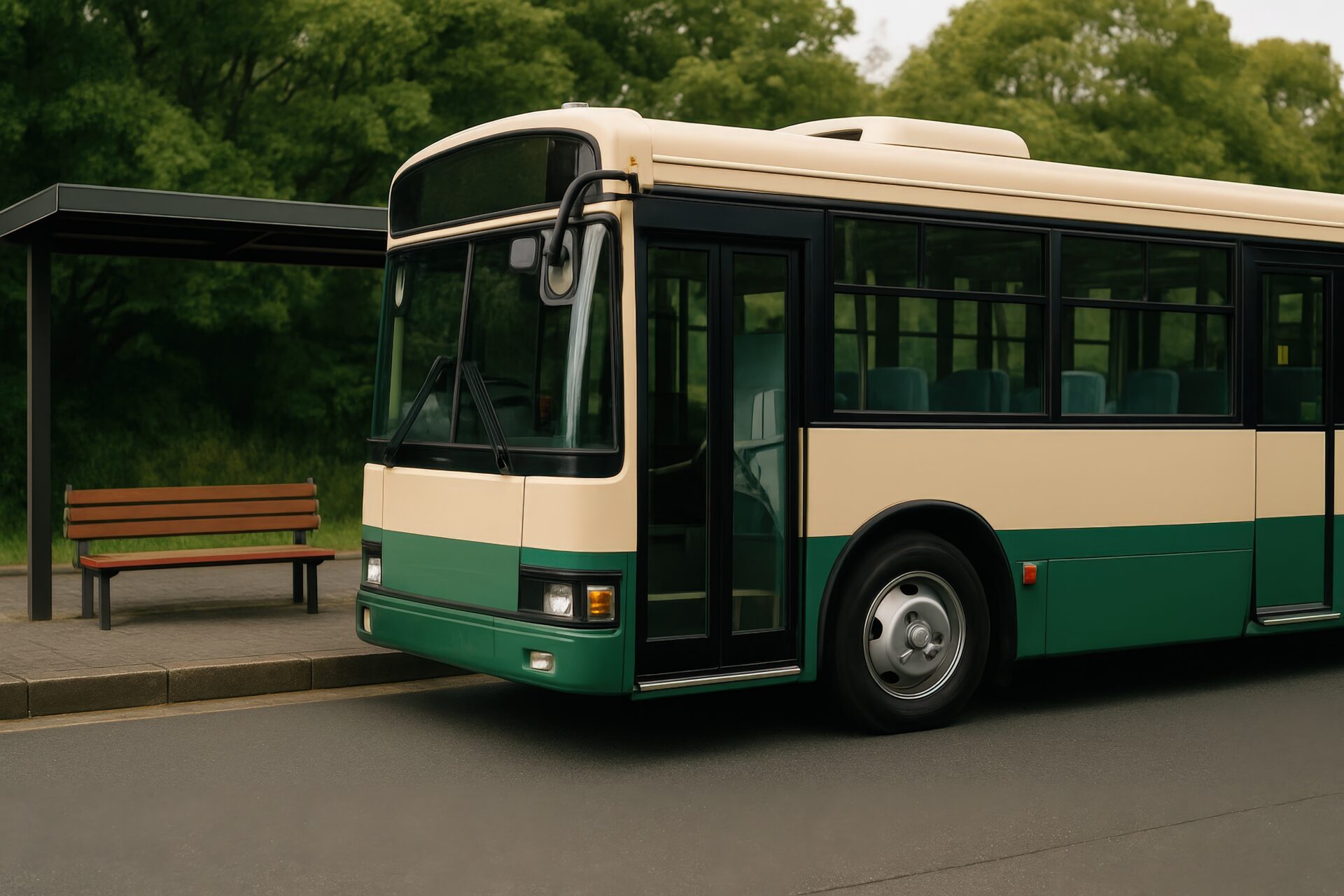 緑豊かな停留所のバス