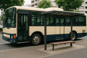バス停に停車する紺ラインの路線バス